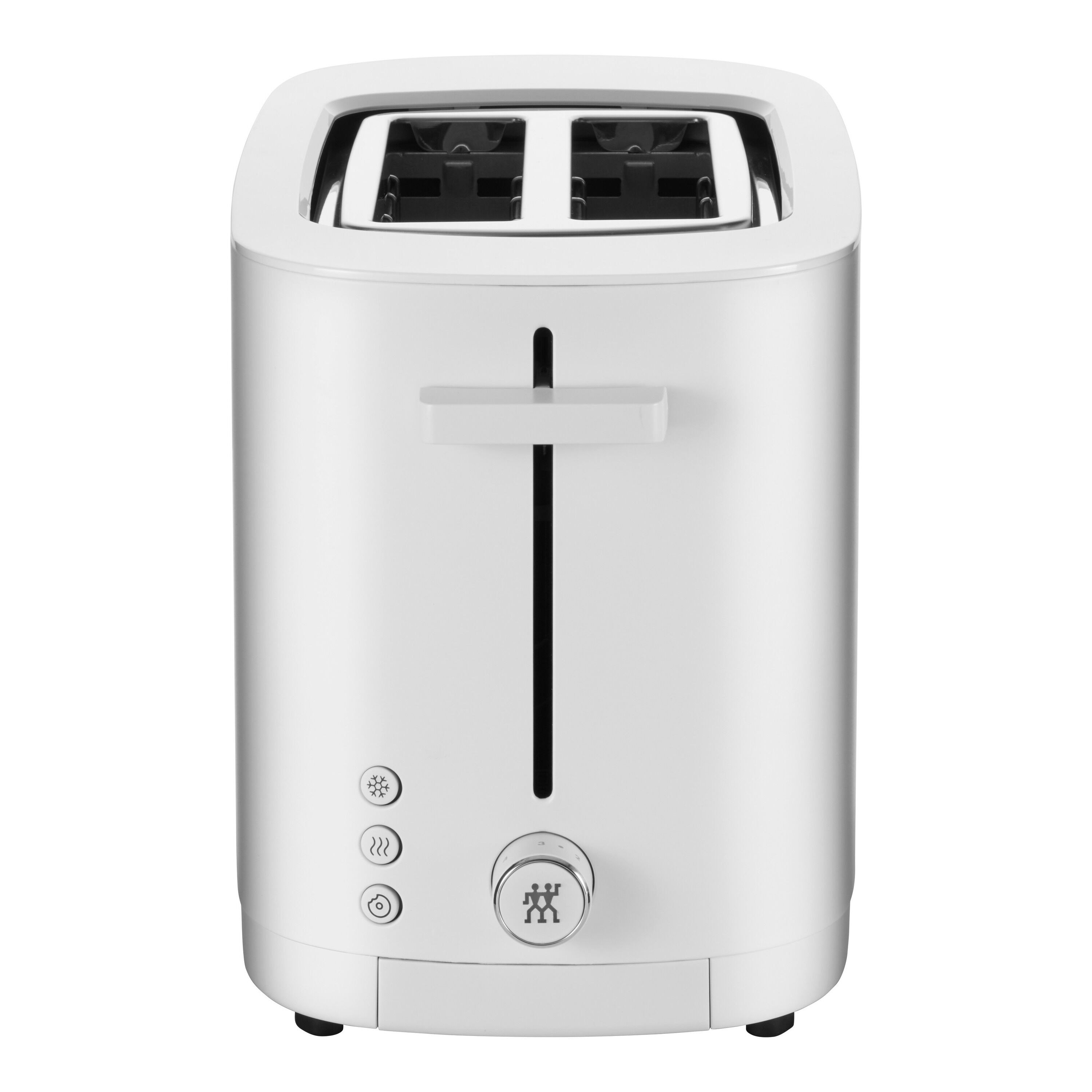 White toaster with black accents on a white background
