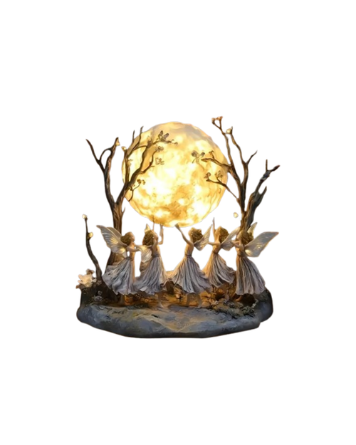 Decorative lamp with fairies and a full moon on a white background