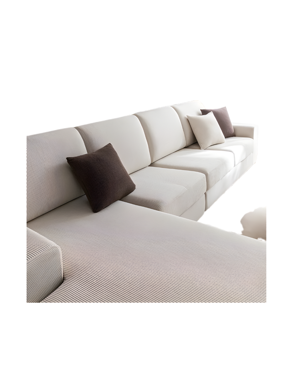 White sectional sofa with brown and gray cushions on a white background