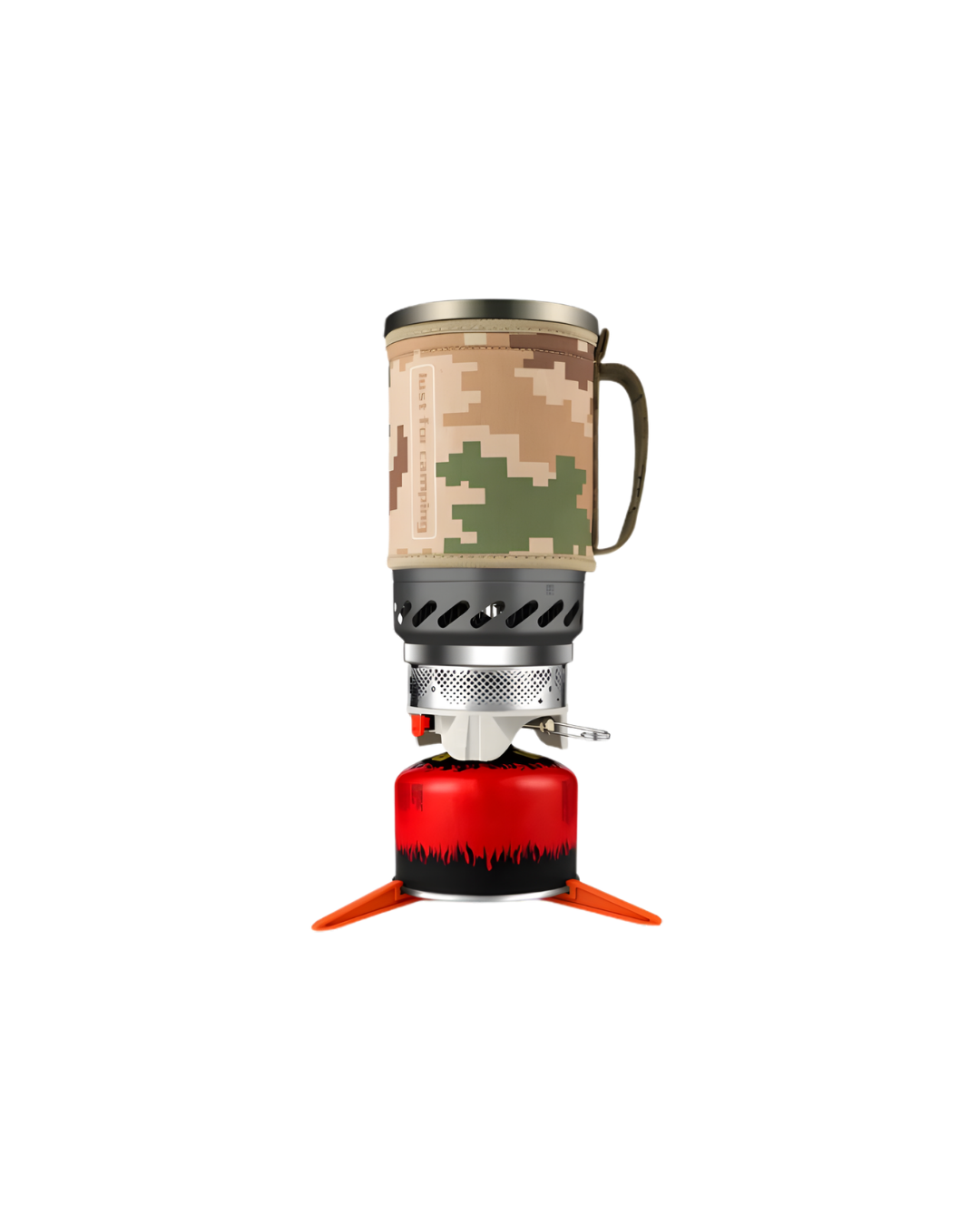 Camouflage camping stove with red fuel canister on a white background