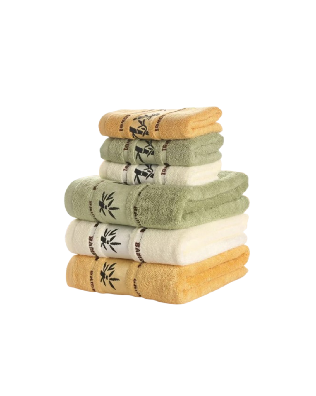 Stack of green and beige towels with bamboo leaf design on a white background