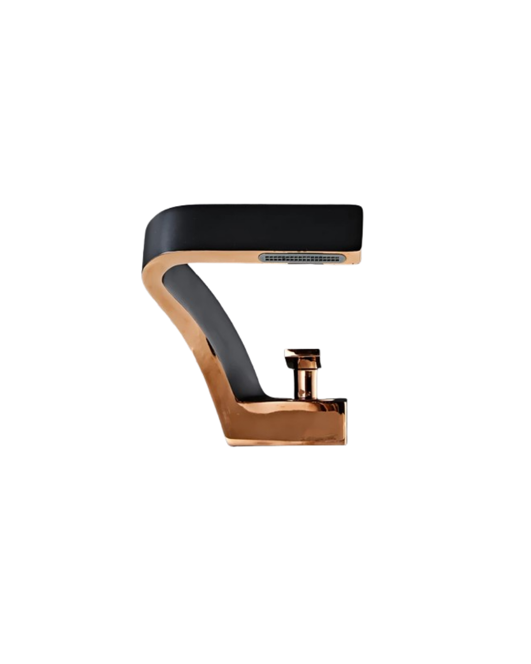 Black and bronze guitar capo on a white background