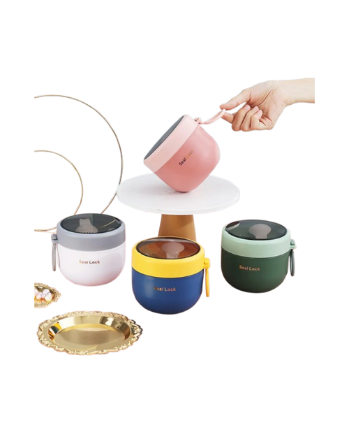 Colorful portable breakfast cup with lids on a white background