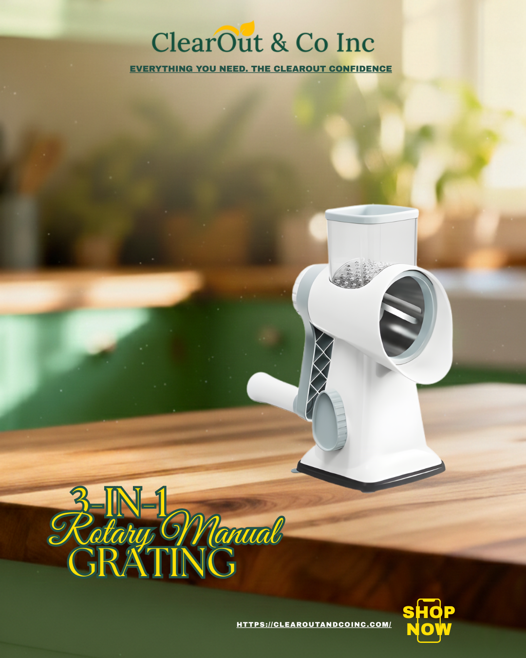 3-in-1 rotary manual grating tool on a wooden surface with 'ClearOut & Co Inc' branding.