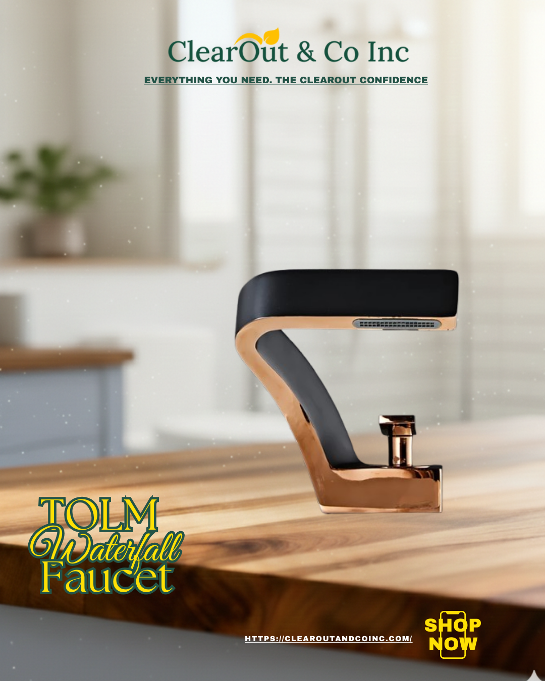 TOLM Waterfall Faucet on a wooden surface with 'ClearOut & Co Inc' branding.