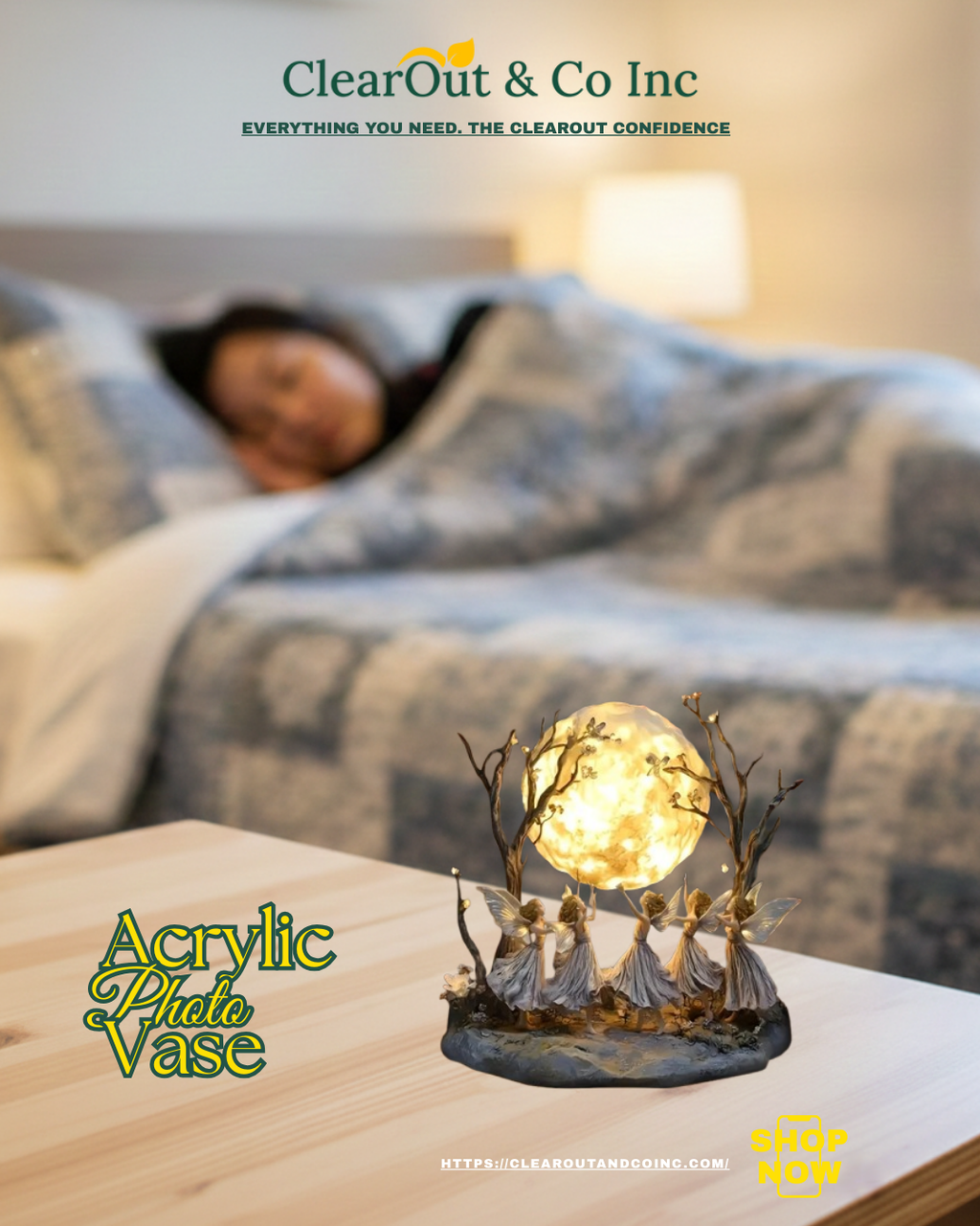 Decorative Moon Fairy Decoration on a table with a blurred background of a person lying in bed.