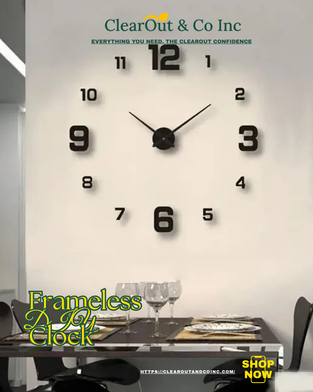 Wall clock with large numbers in a dining room setting, featuring ClearOut & Co Inc branding.