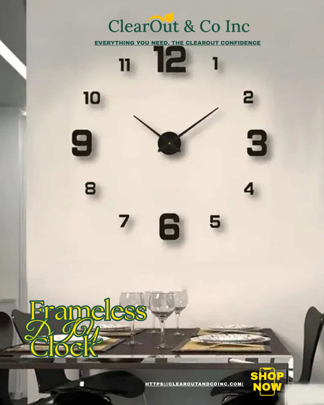 Wall clock with large numbers in a dining room setting, featuring ClearOut & Co Inc branding.