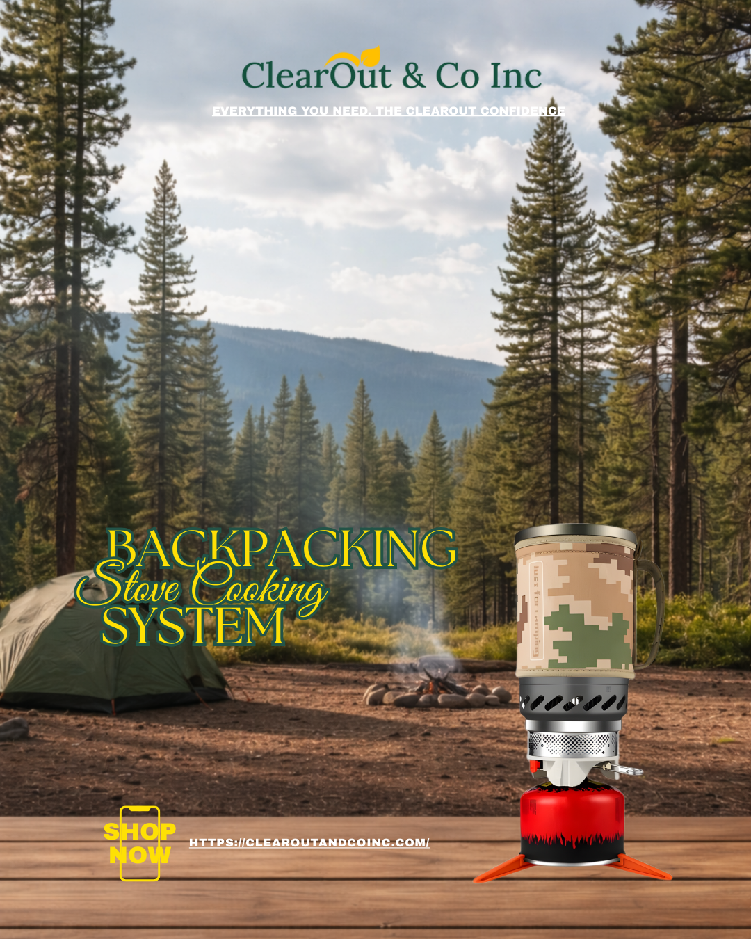 Backpacking stove cooking system with a forest background and ClearOut & Co Inc branding.