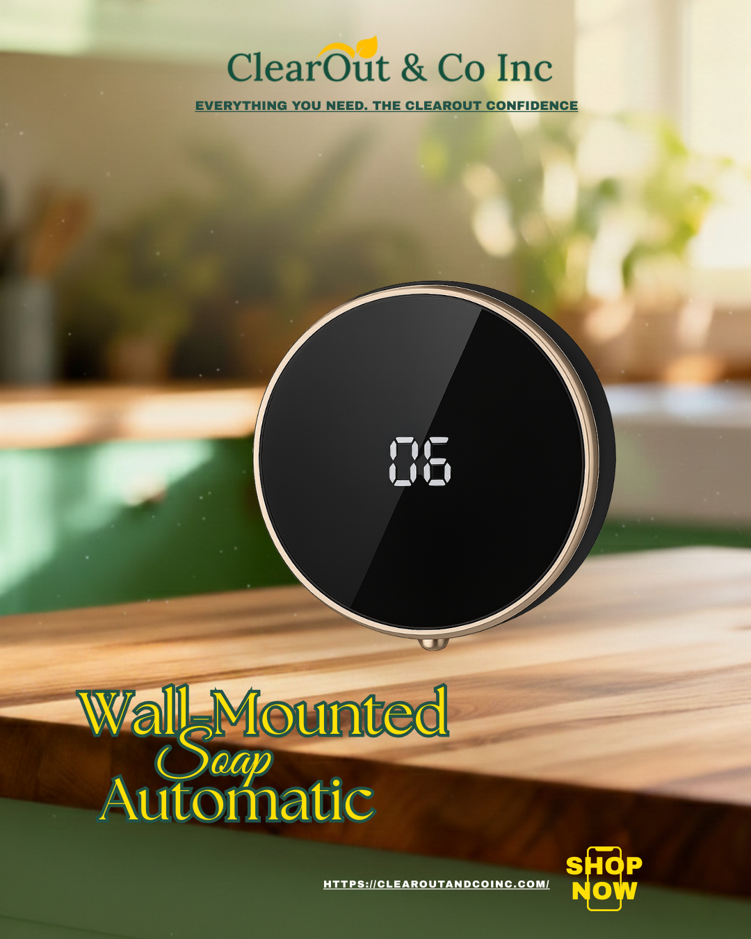 Wall-mounted soap dispenser with digital display on a wooden surface, featuring ClearOut & Co Inc branding.