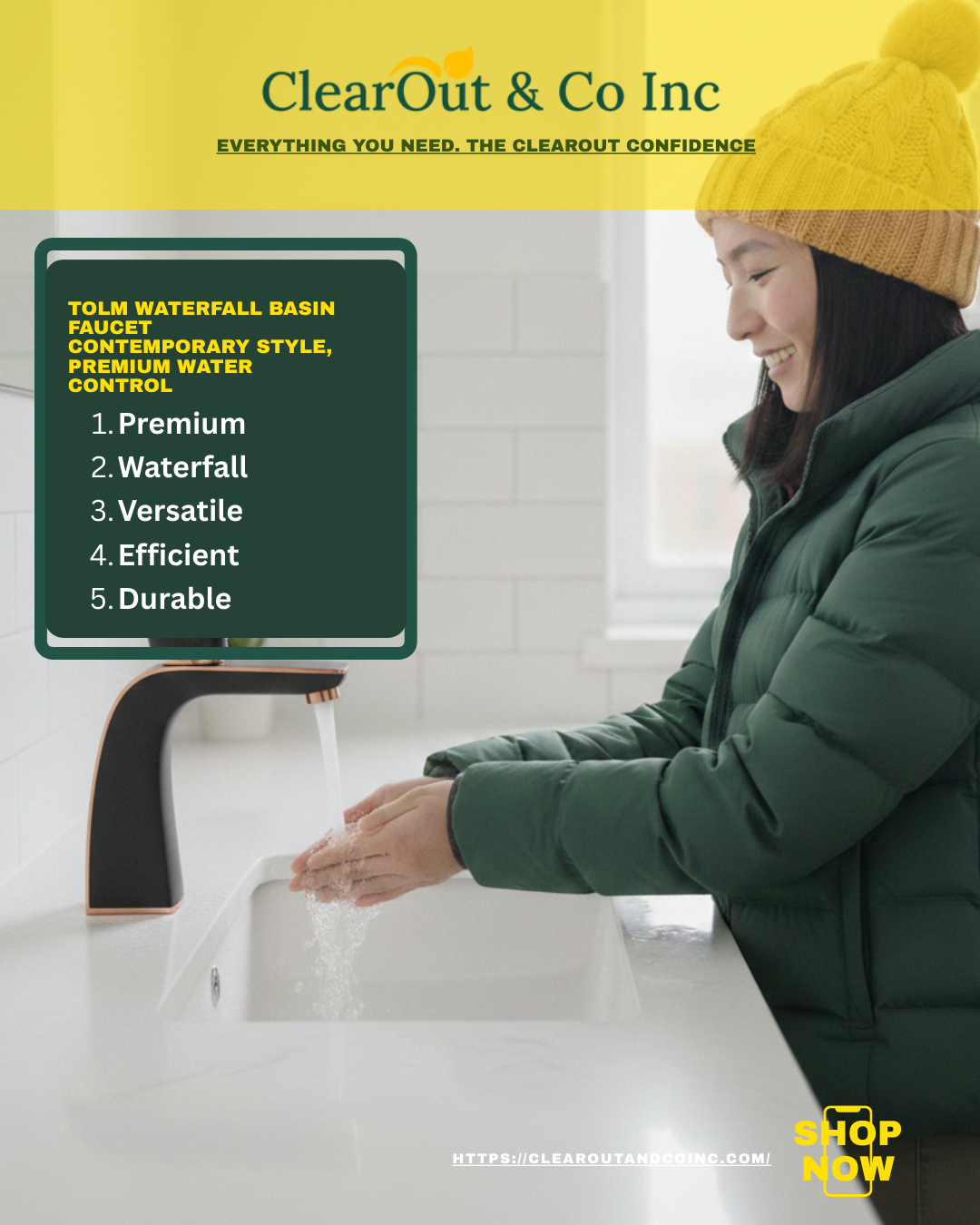 Person washing hands in a sink with promotional text for ClearOut & Co Inc.