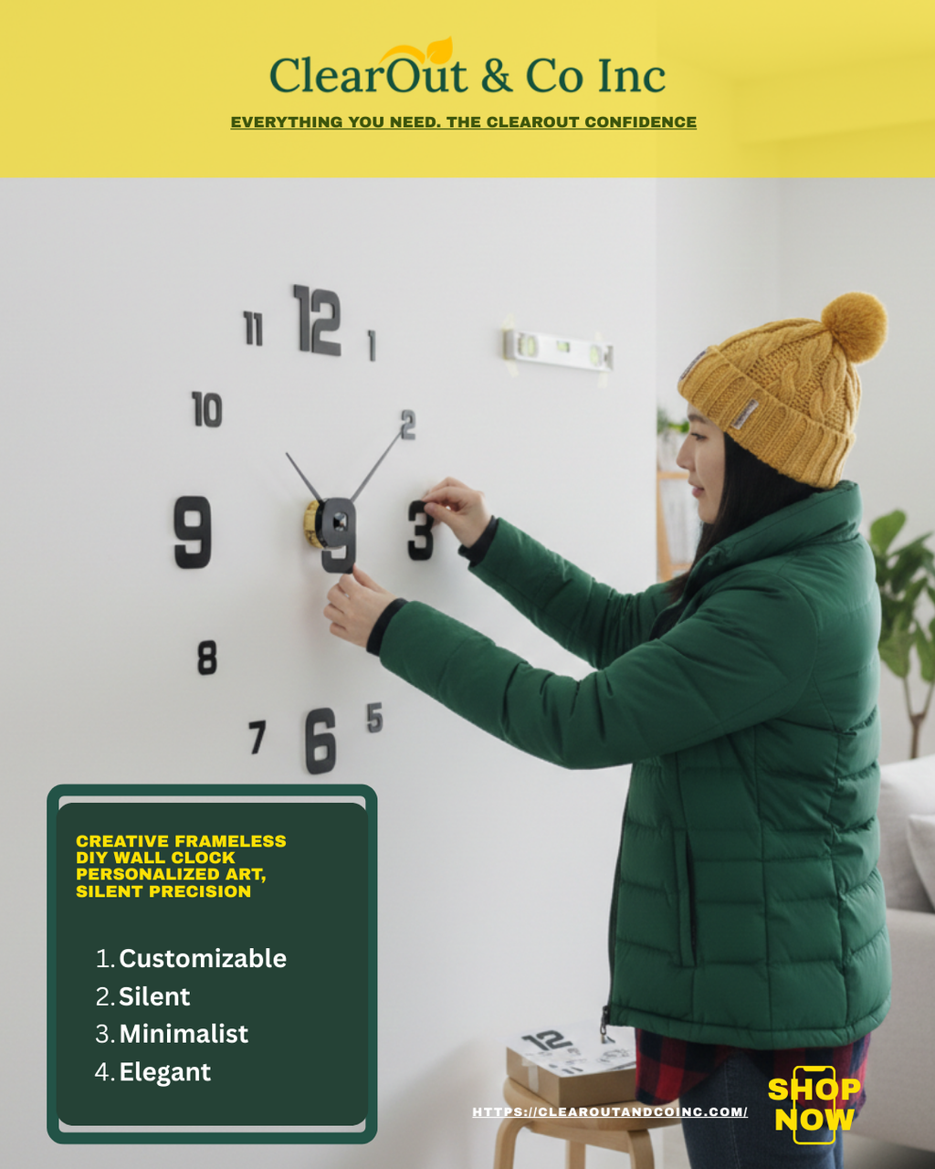 Person adjusting a wall clock with promotional text for ClearOut & Co Inc.