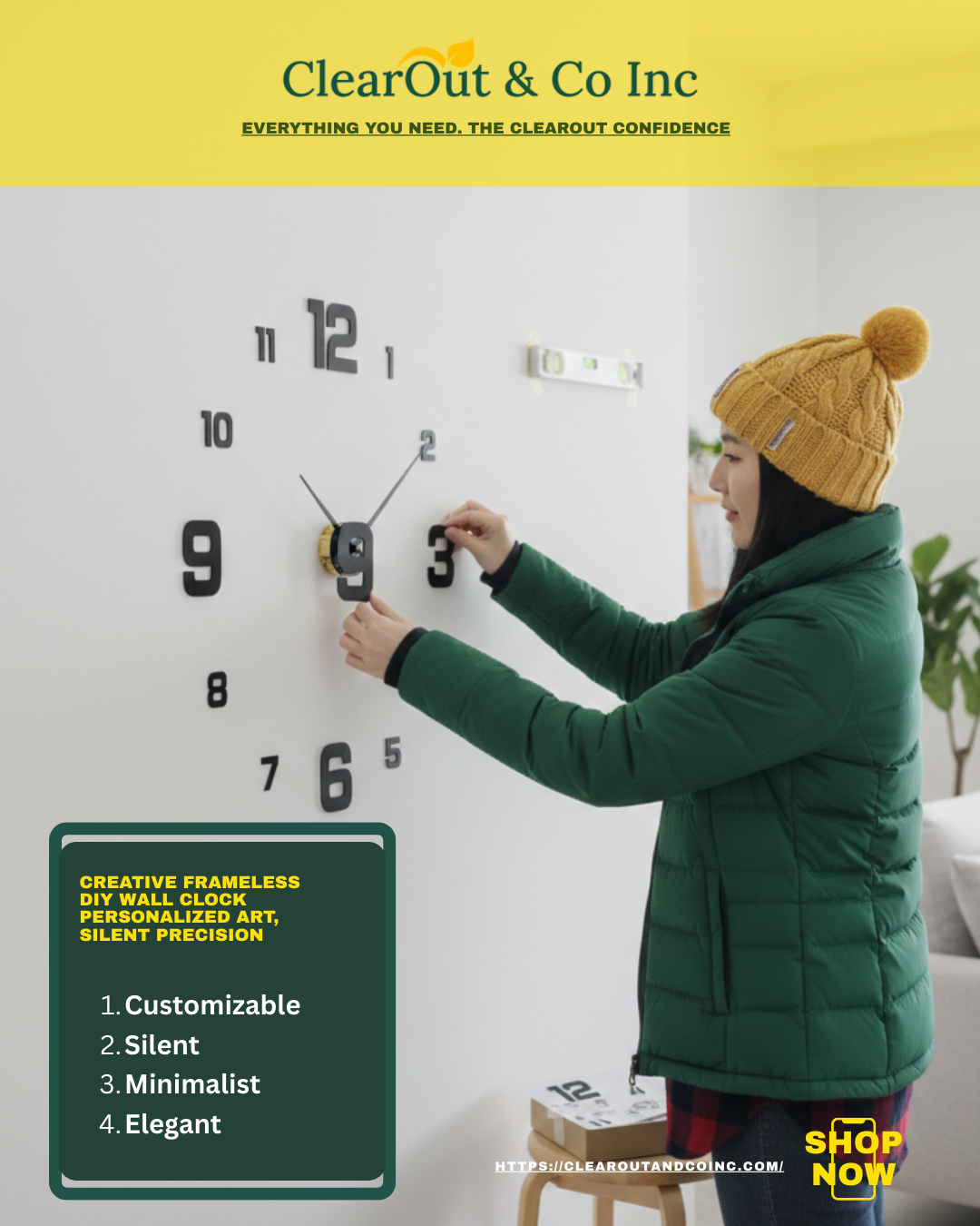 Person adjusting a wall clock with promotional text for ClearOut & Co Inc.