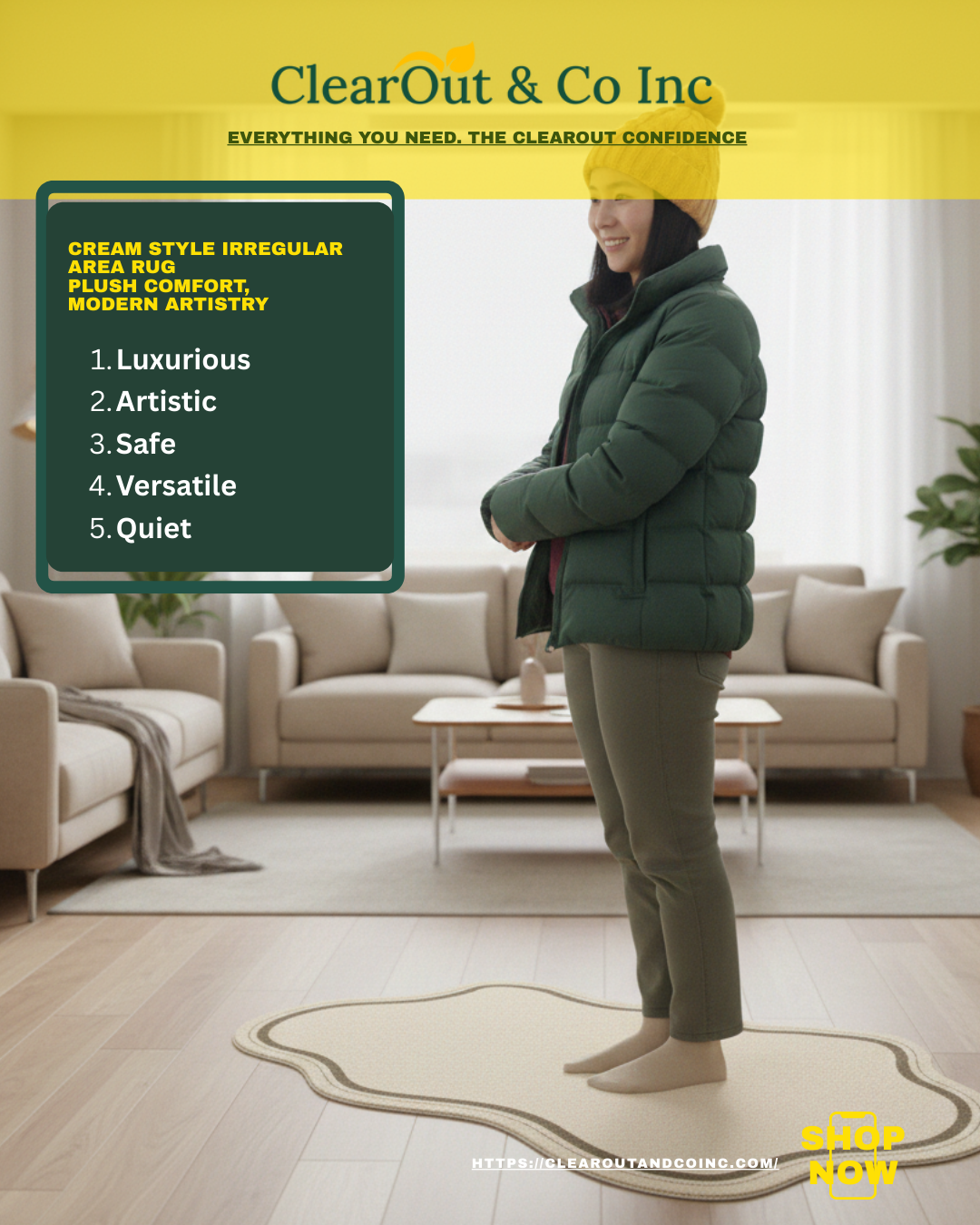 Person wearing a green puffer jacket in a living room with promotional text for ClearOut & Co Inc.