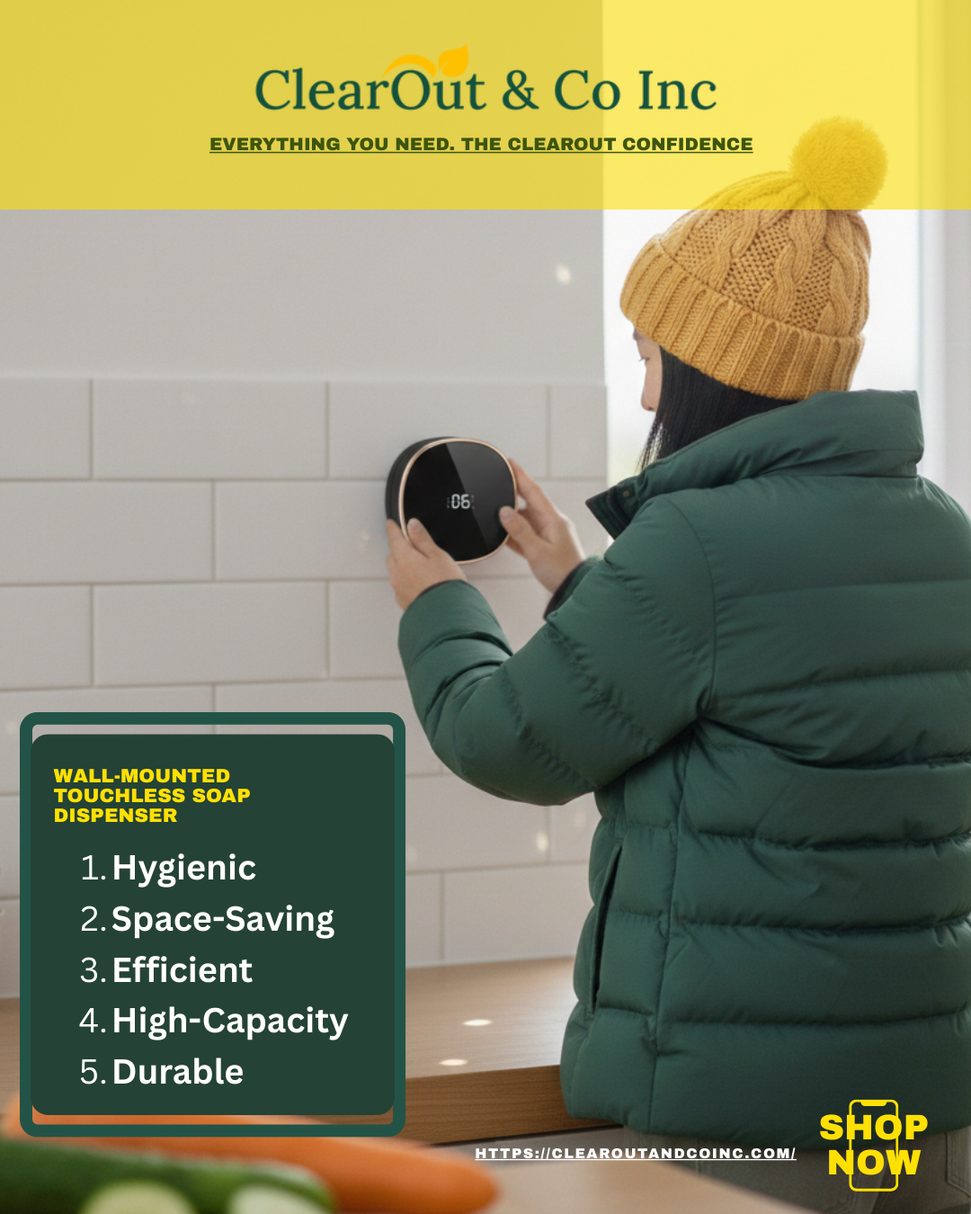 Person using a wall-mounted touchless soap dispenser with ClearOut & Co Inc branding.