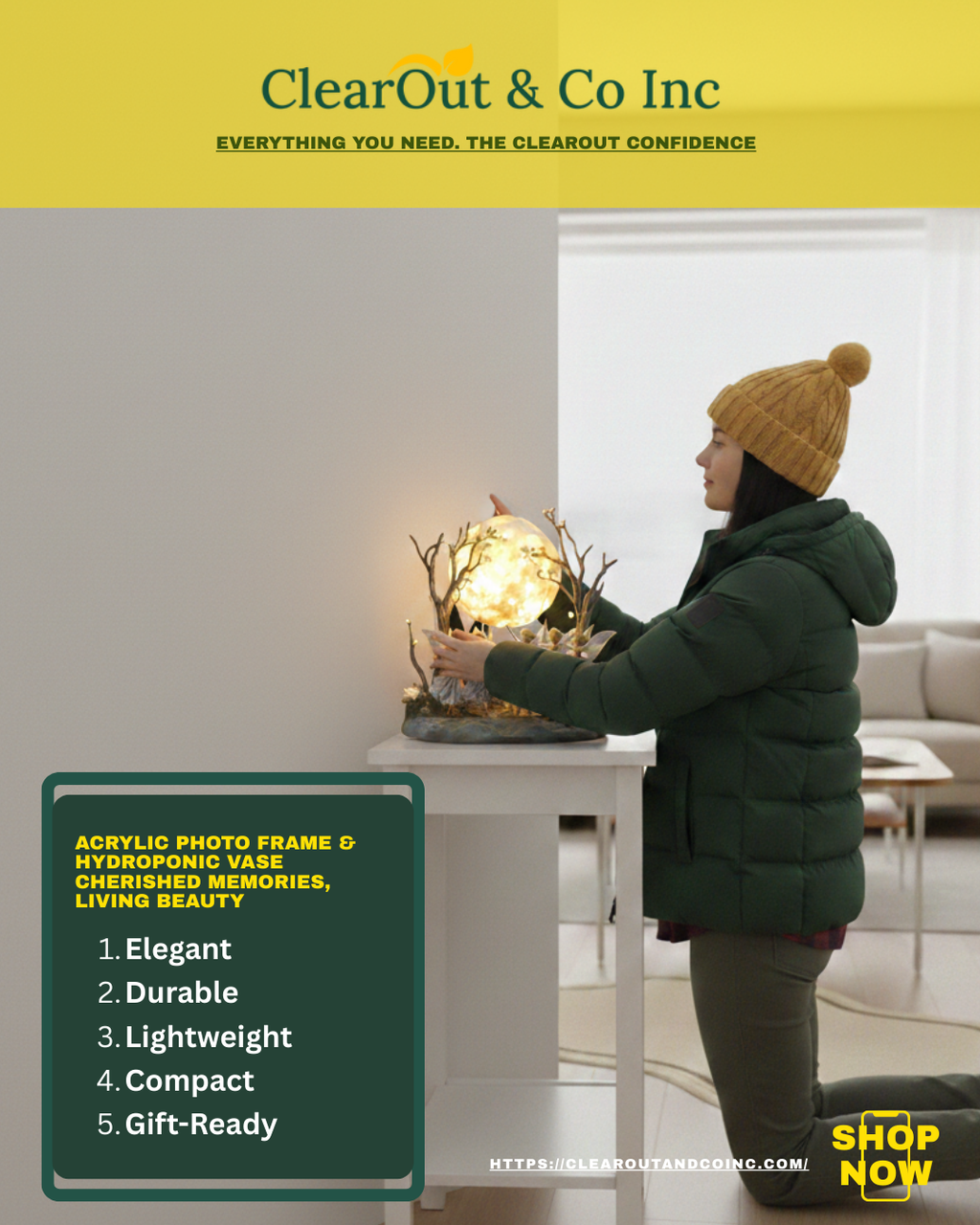 Person arranging a decorative plant in a living room with ClearOut & Co Inc branding.
