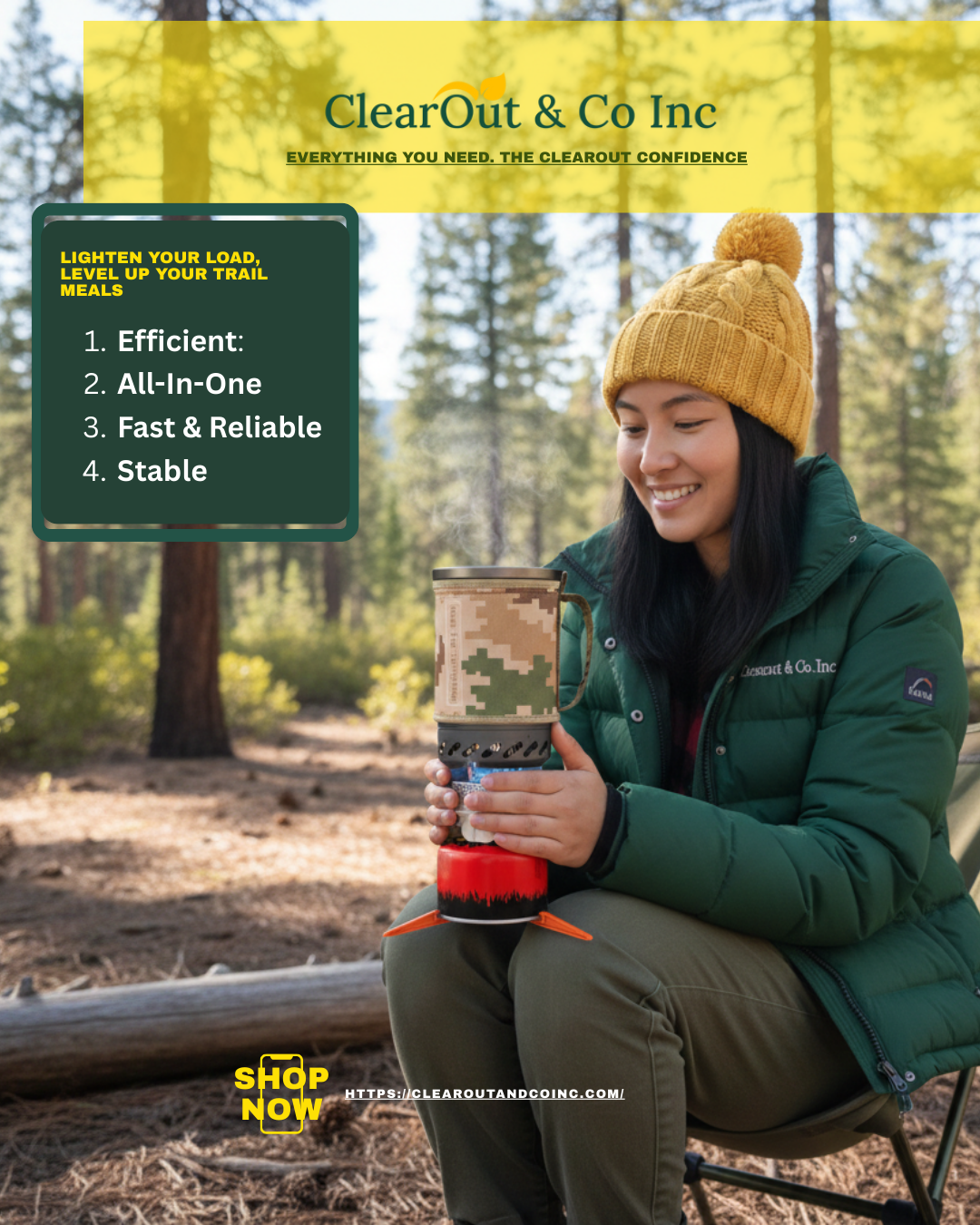 Person in a forest setting holding a portable coffee maker, with promotional text overlay.