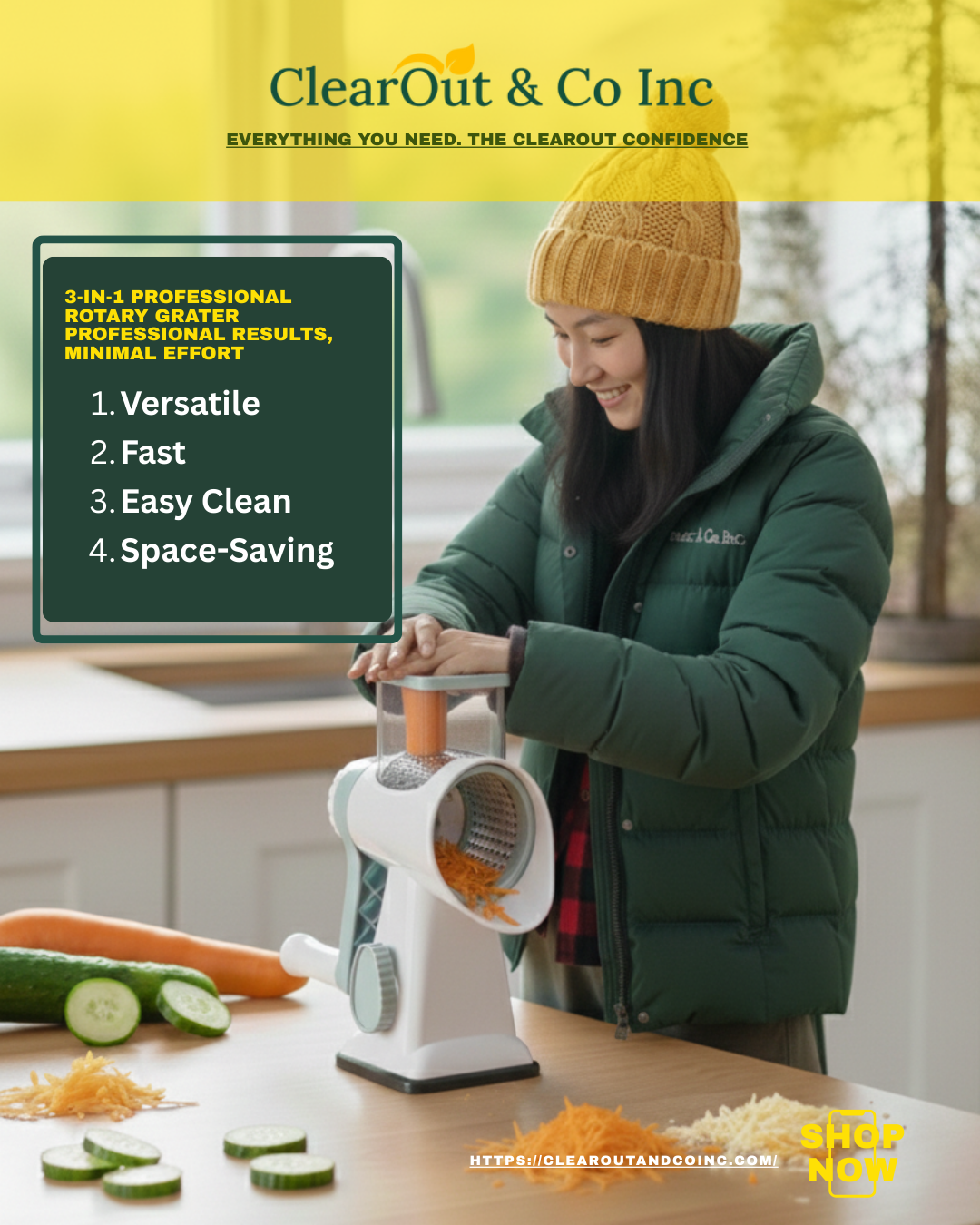 Person using a rotary grater with promotional text for ClearOut & Co Inc.