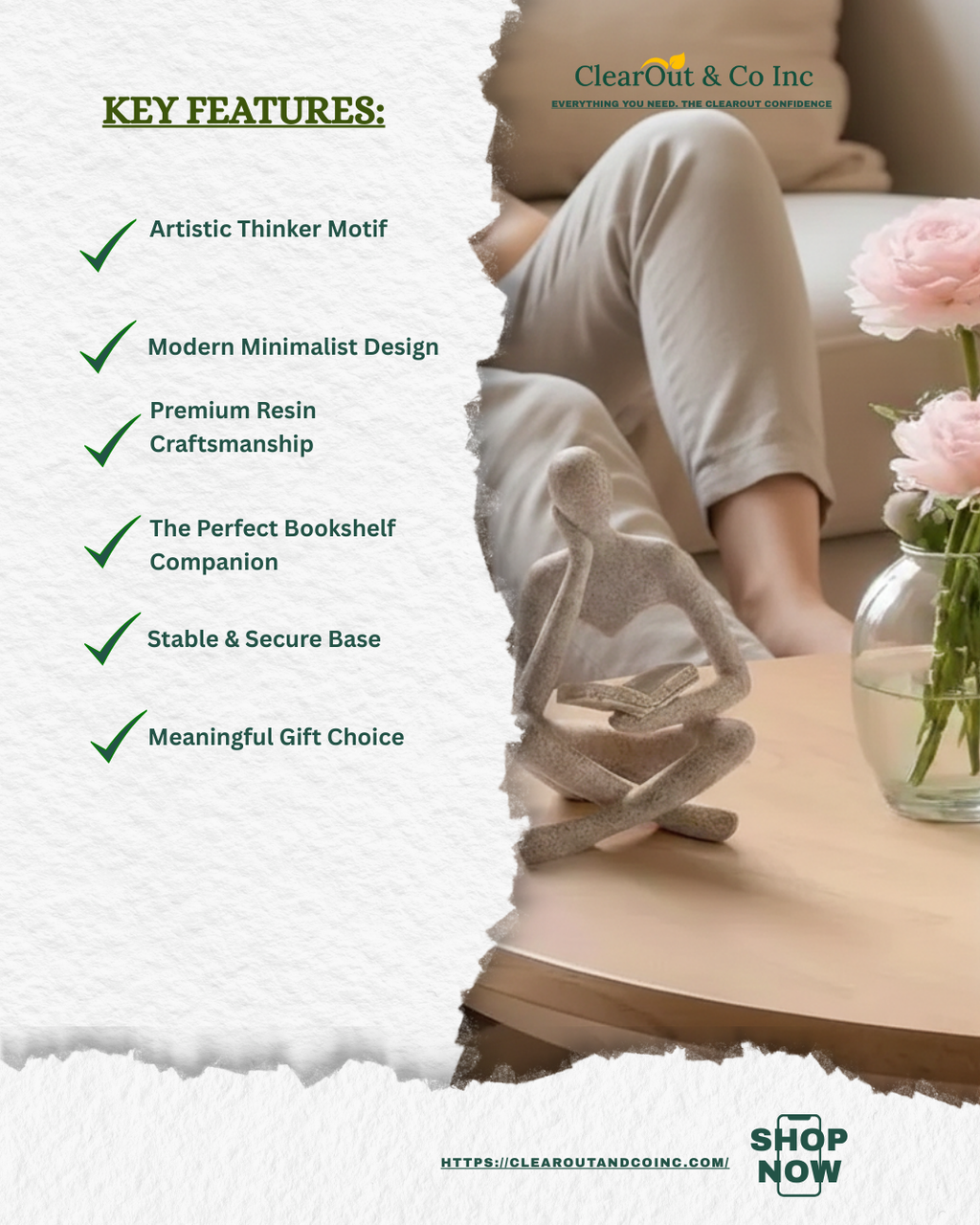 Product advertisement with key features listed, including artistic thinker motif and modern minimalist design, on a white background.