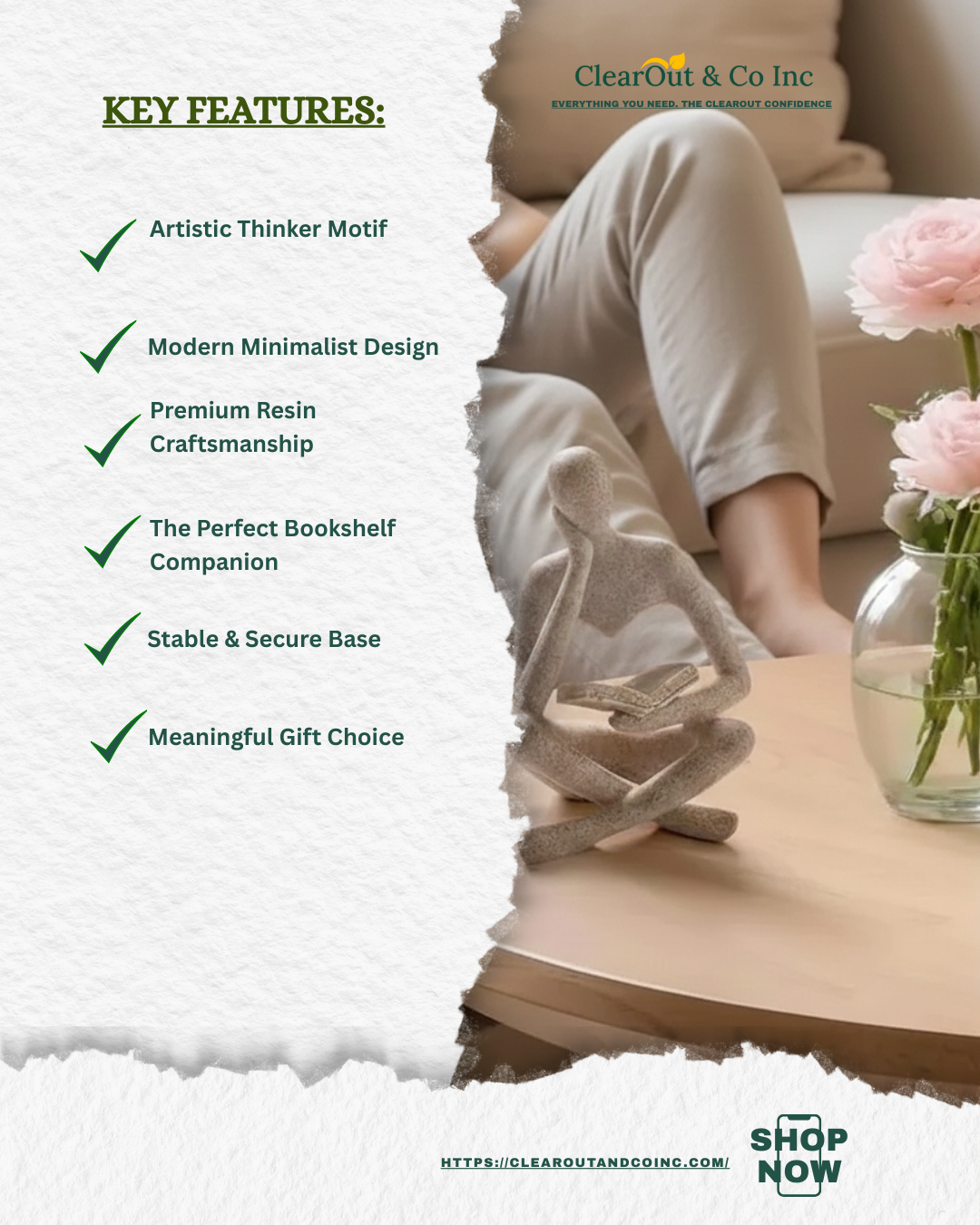 Product advertisement with key features listed, including artistic thinker motif and modern minimalist design, on a white background.