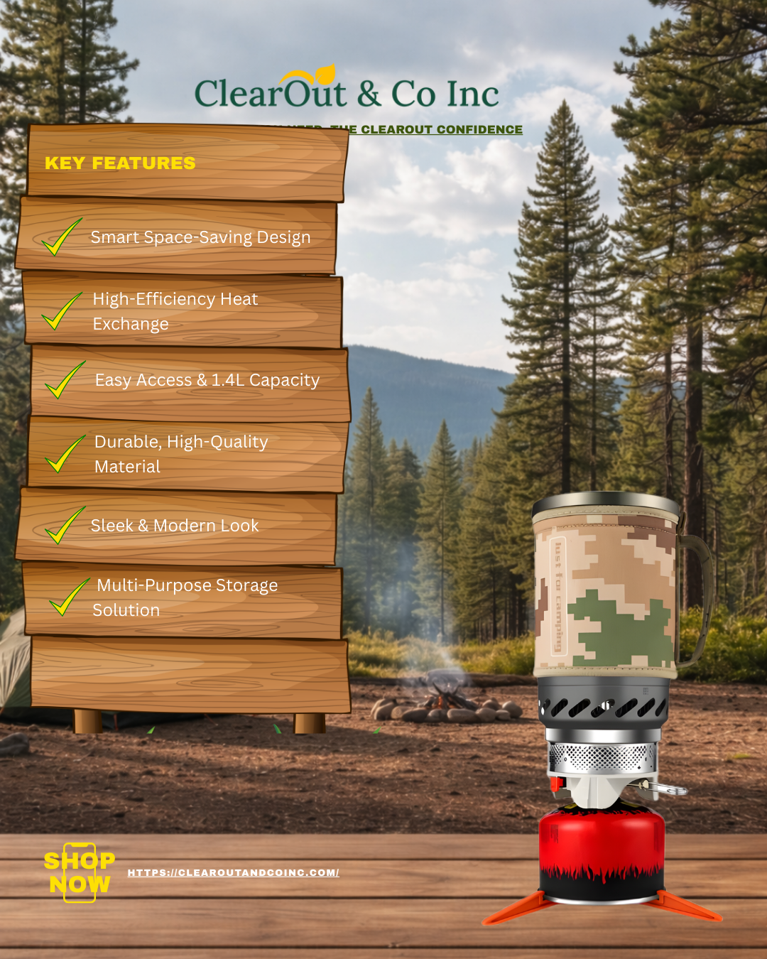 Camouflage camping stove with key features listed on a wooden stack against a forest background.
