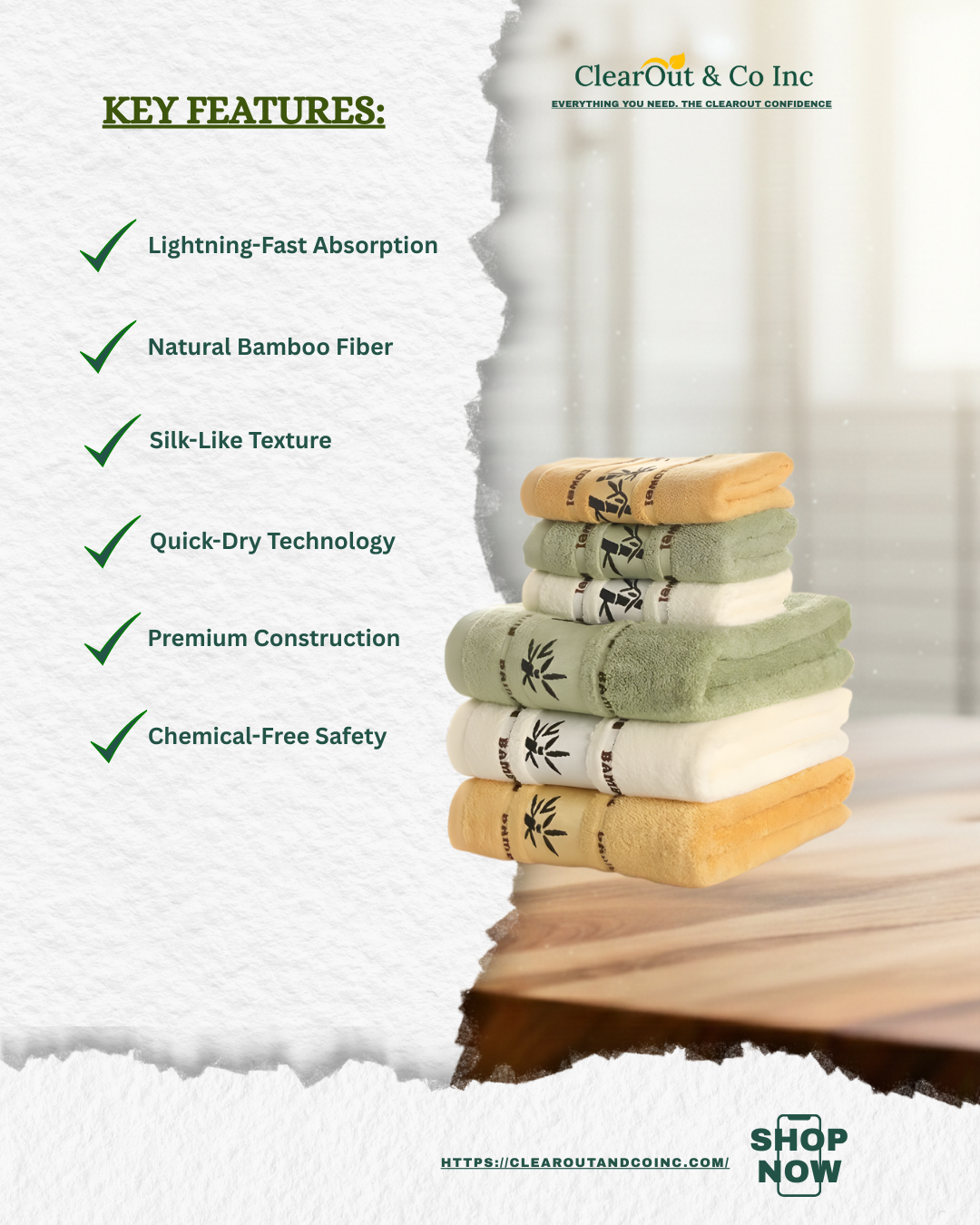 Stack of bamboo towels with key features listed on a snowy background, featuring the brand 'ClearOut & Co Inc'.