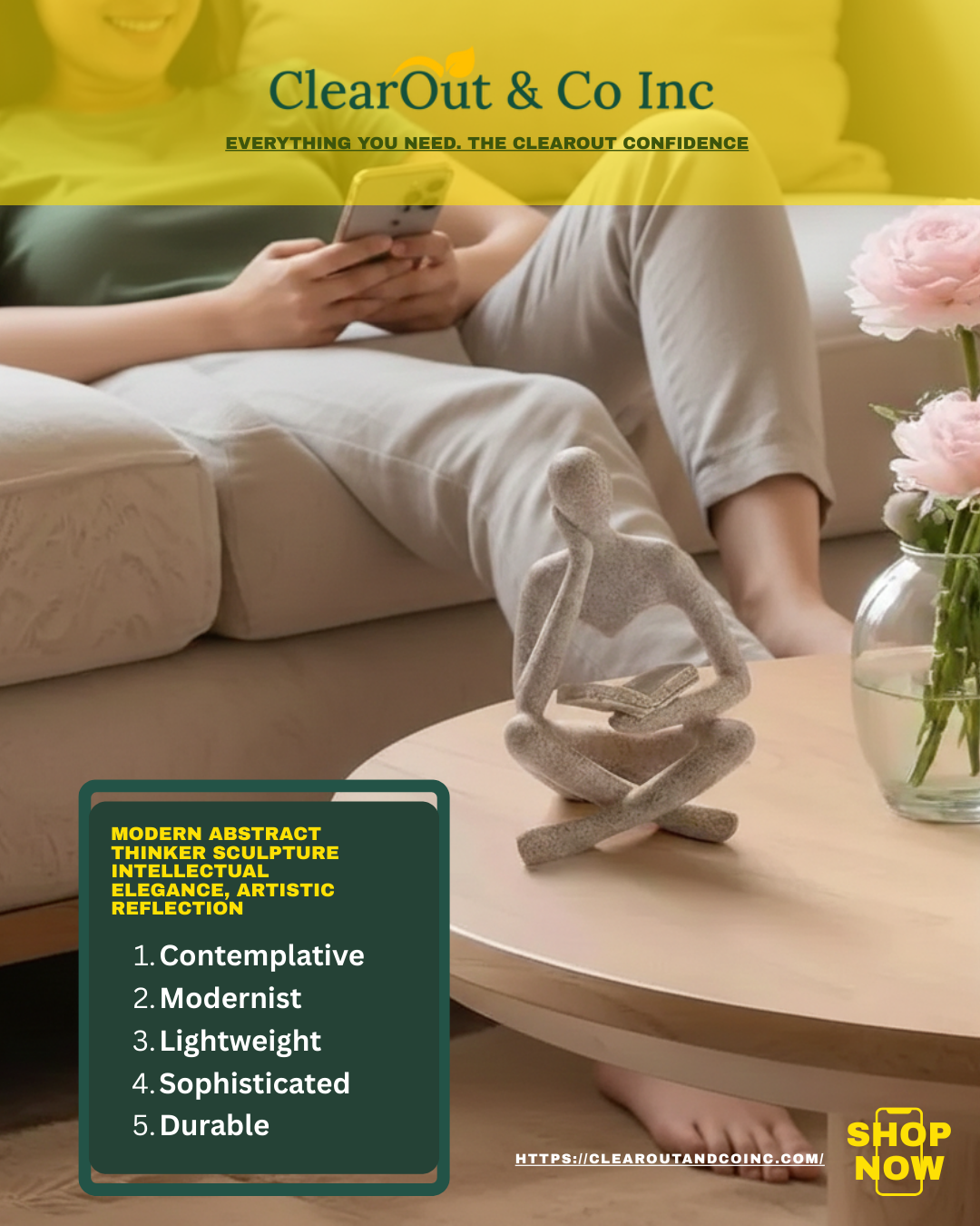 Person sitting on a couch using a phone with a decorative object on a table, featuring 'ClearOut & Co Inc' branding.