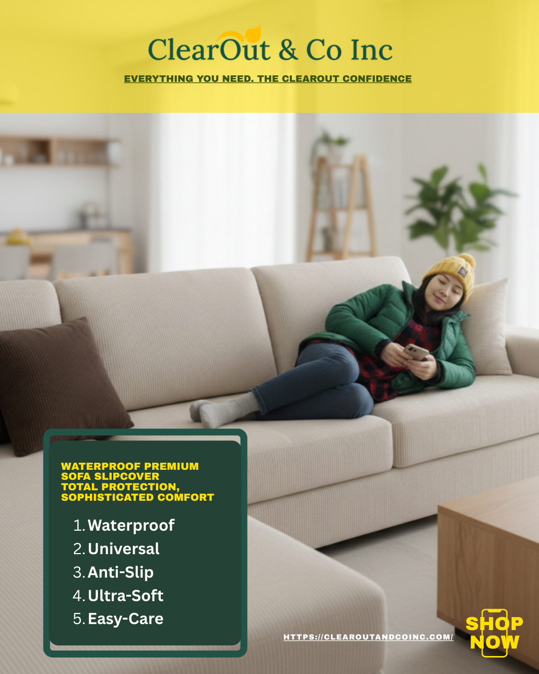 Person sitting on a beige sofa with promotional text for ClearOut & Co Inc.