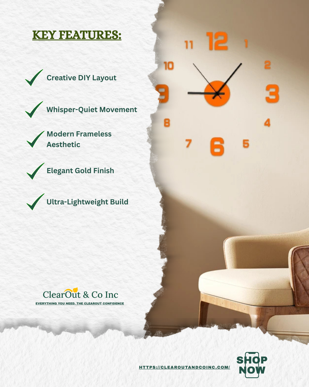 Wall clock with orange numbers on a wall next to a chair, featuring ClearOut & Co Inc.