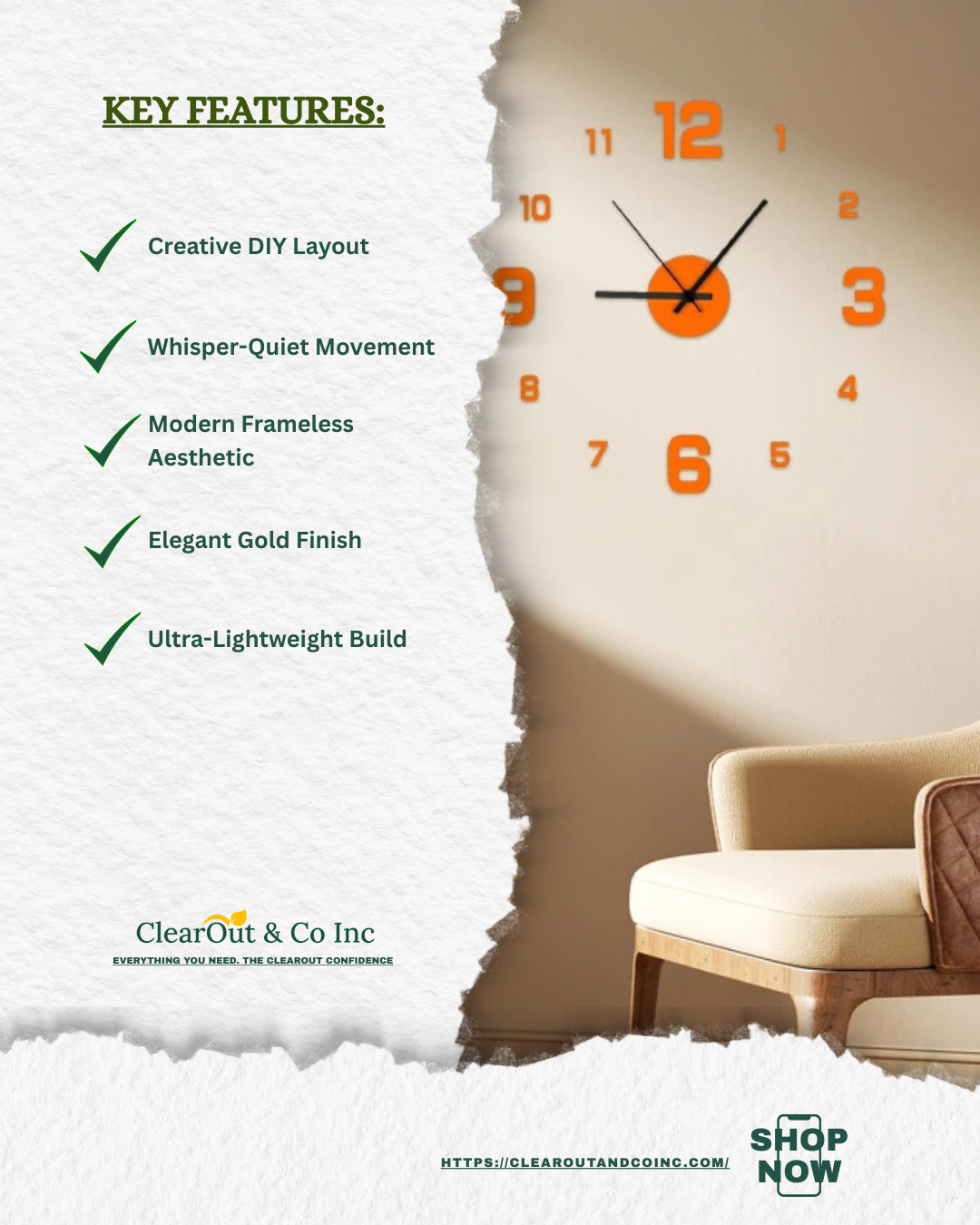 Wall clock with orange numbers on a wall next to a chair, featuring ClearOut & Co Inc.