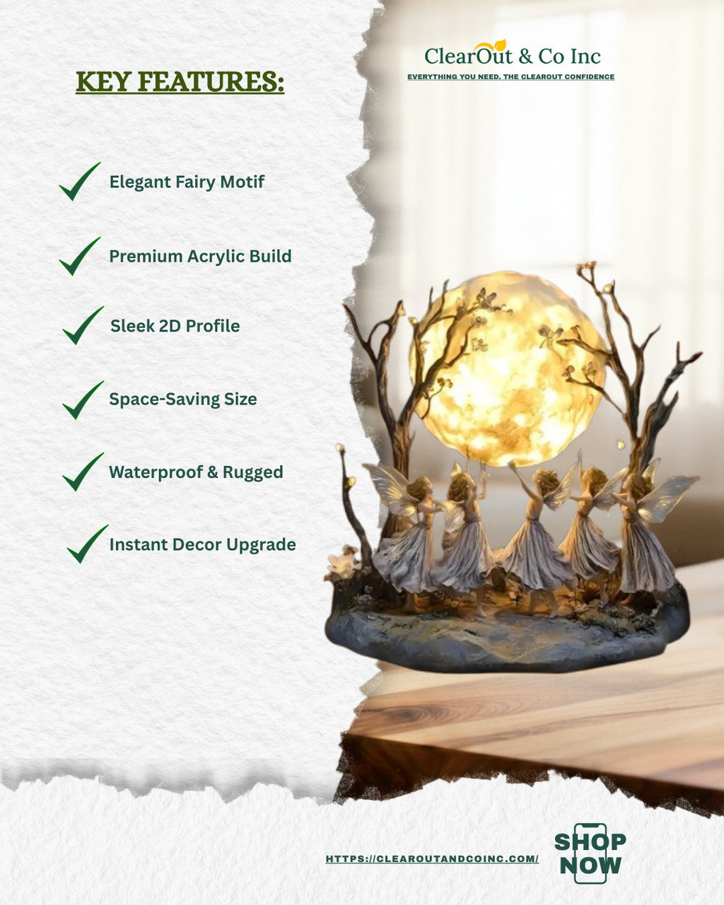 Decorative fairy light fixture with fairy figures and a glowing moon, featuring ClearOut & Co Inc branding.