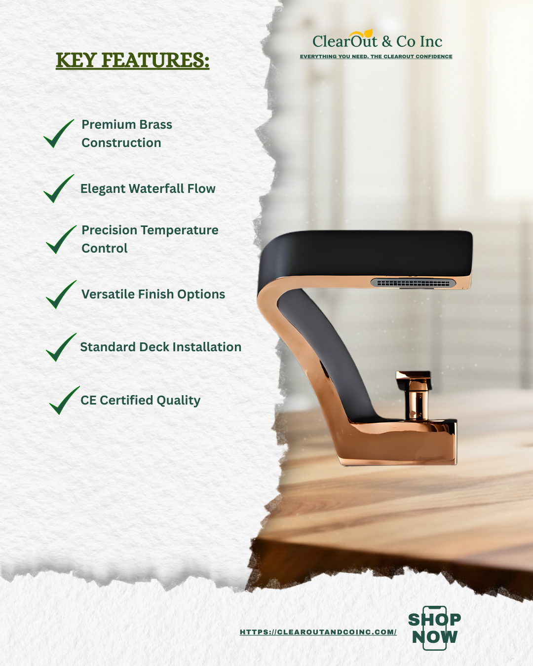 Product advertisement with key features listed on a snowy background, featuring 'ClearOut & Co Inc'.