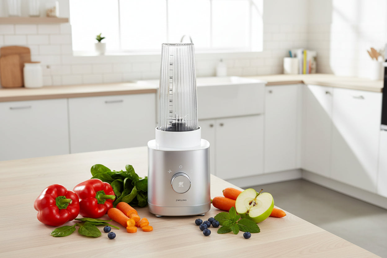 Silver blender with clear container on a white background