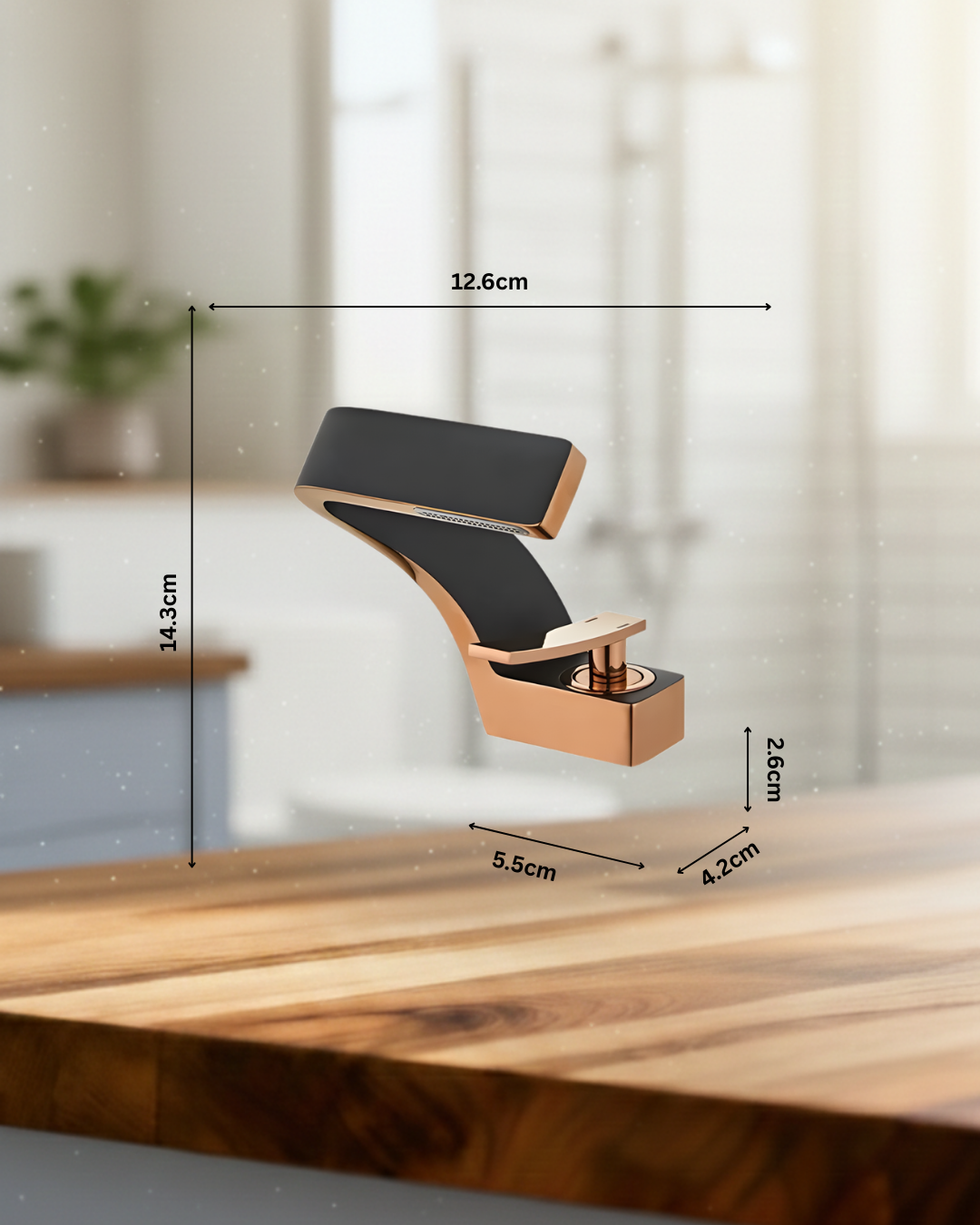 Black and gold shoe on a wooden surface with measurements indicated
