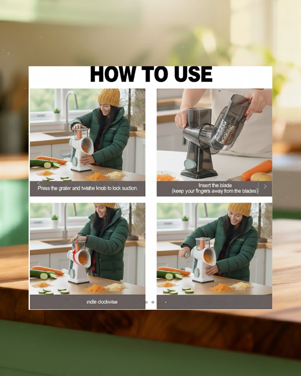 Instructions on how to use a kitchen appliance with text overlay