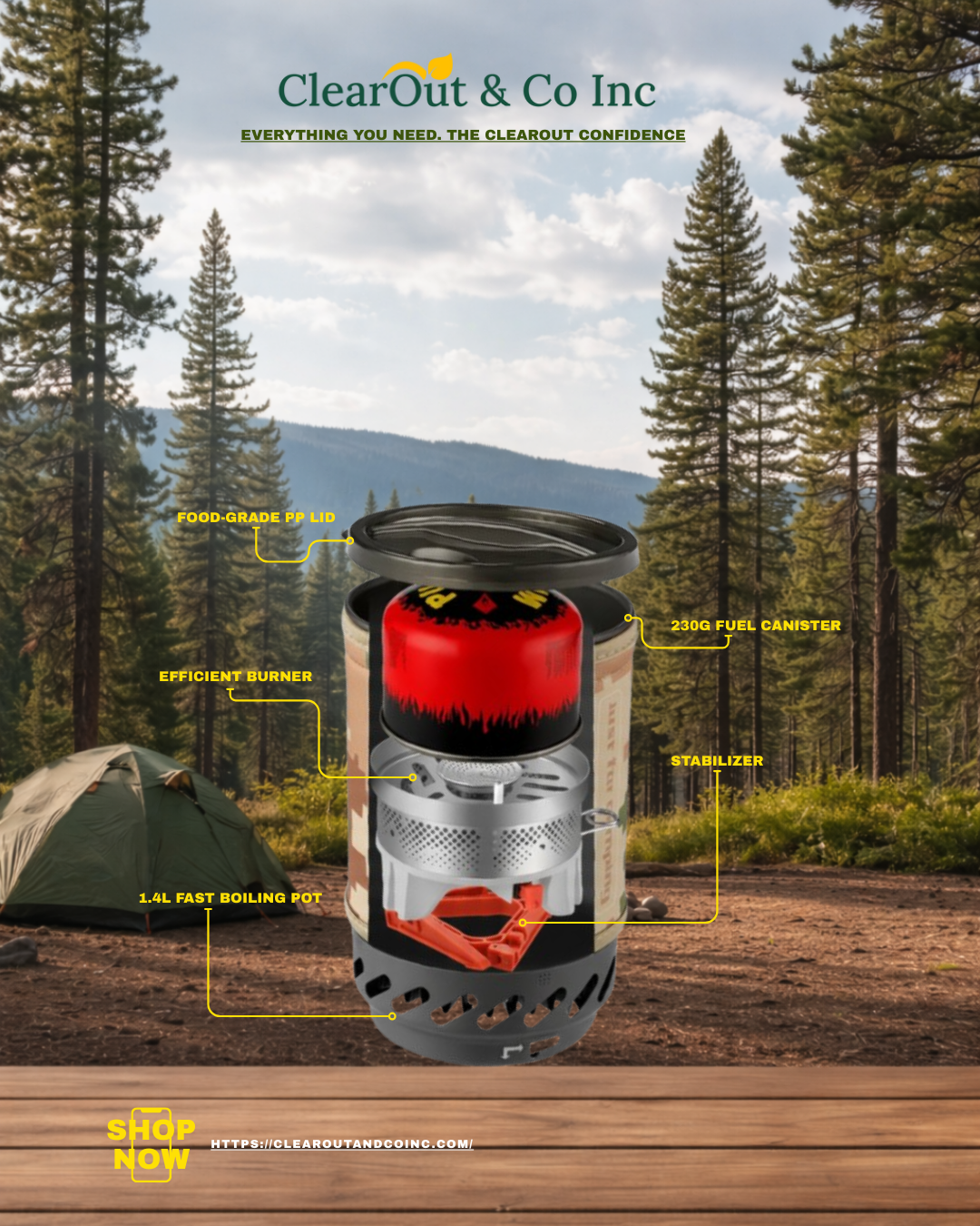 Camping stove with features highlighted against a forest background, featuring ClearOut & Co Inc branding.