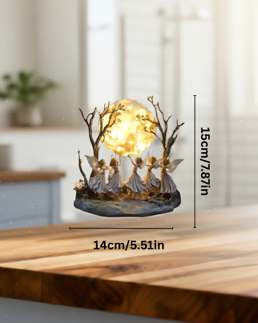 Decorative lamp with fairy design on a wooden surface, showing measurements.