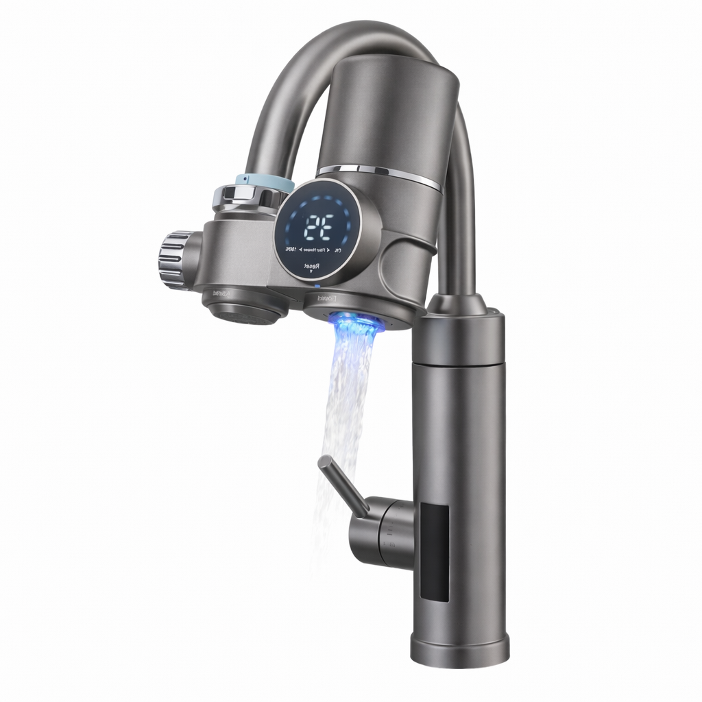 Modern kitchen faucet with digital display and water flow on a white background