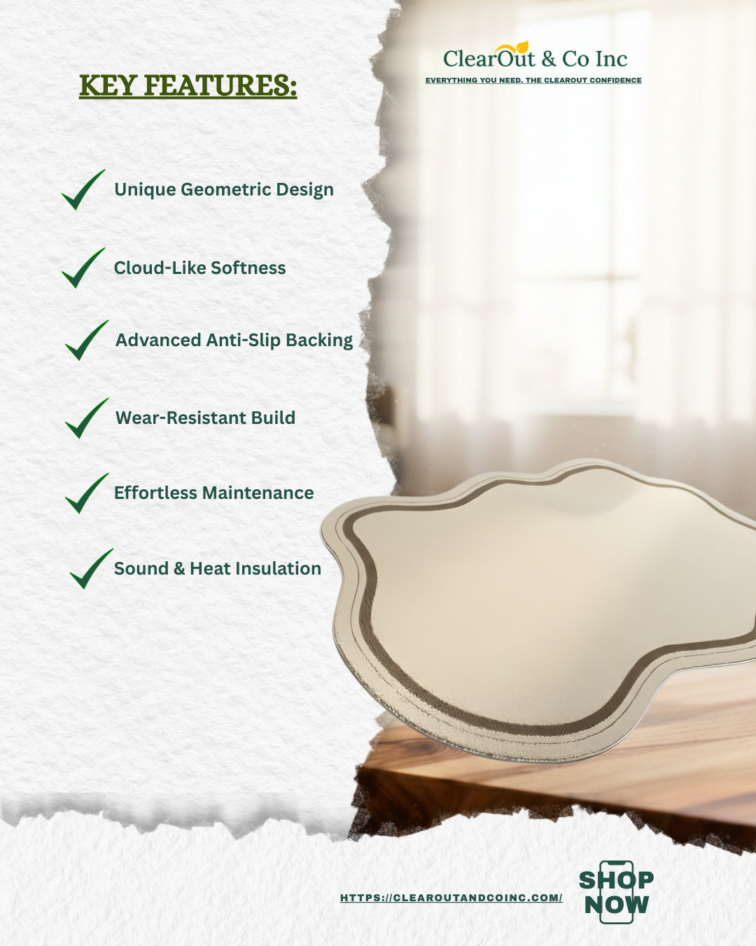 Product features of a rug with ClearOut & Co Inc branding.