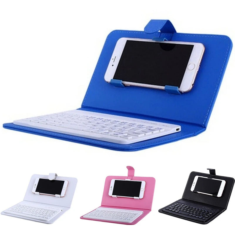 Blue phone stand with keyboard attachment on a white background