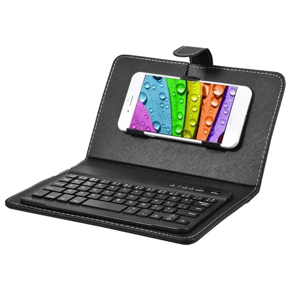 Black keyboard case with a smartphone displaying colorful app icons on a white background