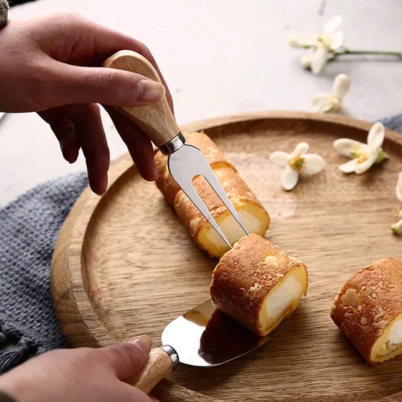 Hands using a cheese knife to cut into a bread roll with cheese filling on a wooden board.