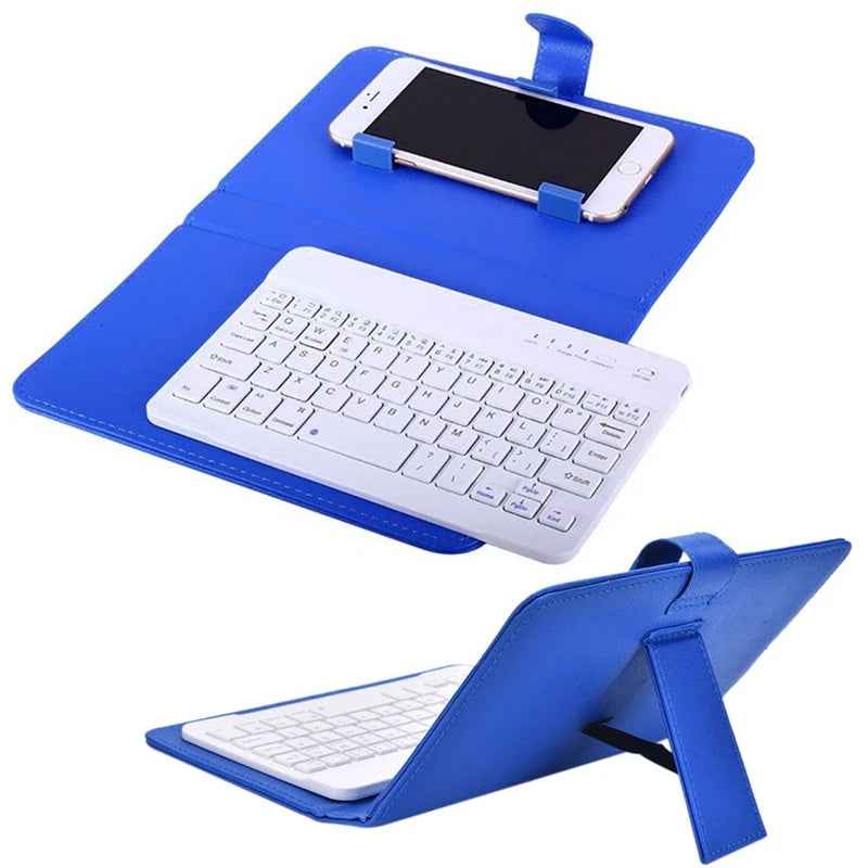 Blue keyboard case with white keyboard and smartphone on a white background