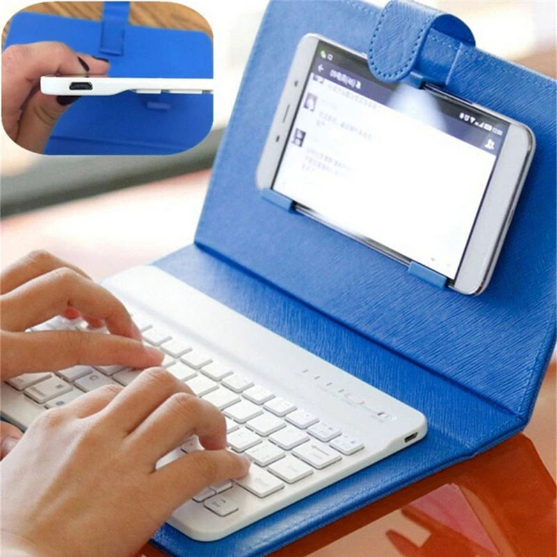 Blue keyboard case with a smartphone inside, showing hands typing on the keyboard.