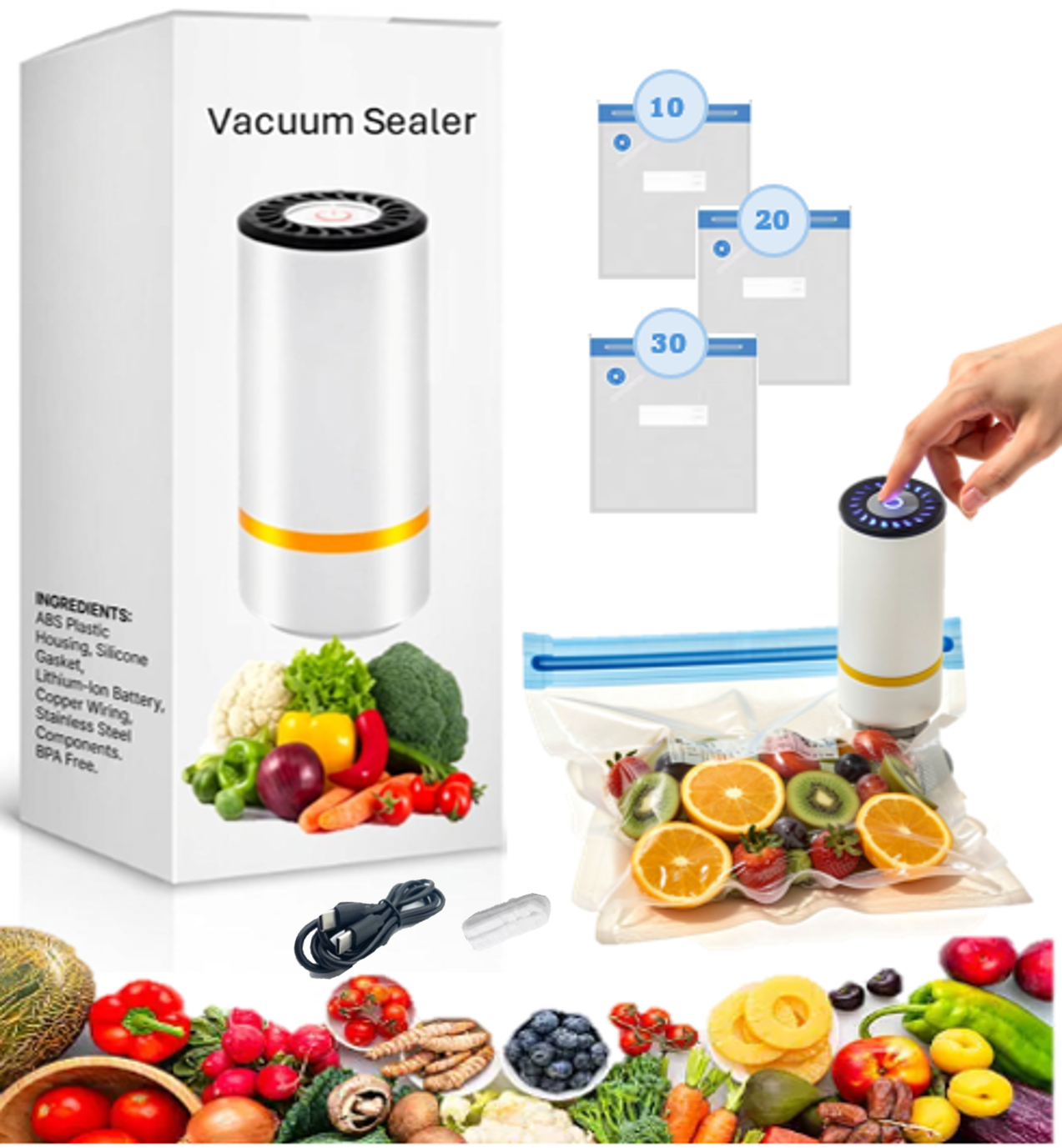 Wireless Portable Vacuum Sealer Machine for Food Storage – Compact Handheld Sealer with 5/10/20/30 Reusable Bags, Powerful Meal Saver & Freshness Preserver