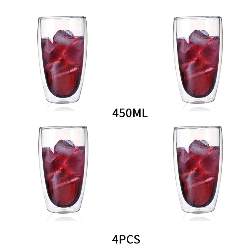 Four double-walled glass tumblers with red liquid and ice, labeled 450ML and 4PCS on a white background.