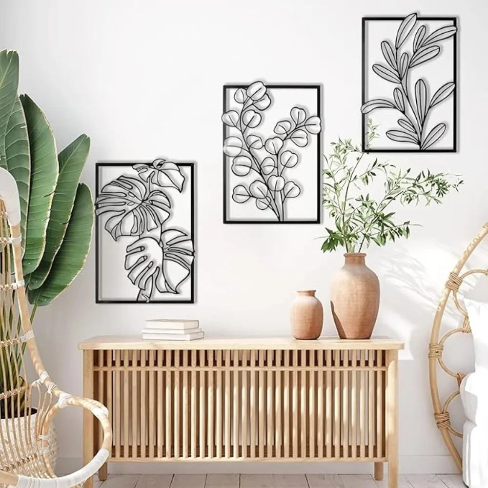 Modern interior with wooden console table, decorative plants, and wall art.