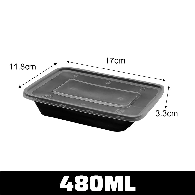 Black food container with measurements on a white background