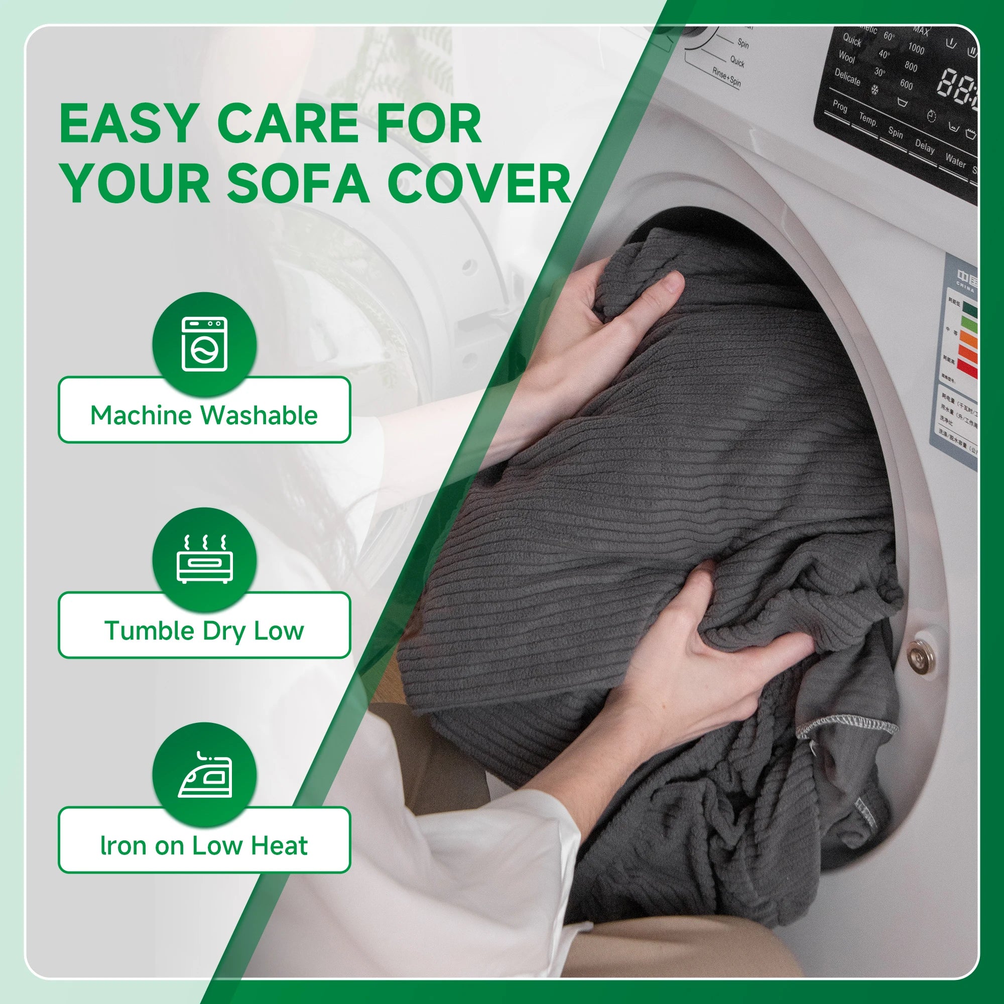 Person placing a sofa cover into a washing machine with text on easy care instructions.