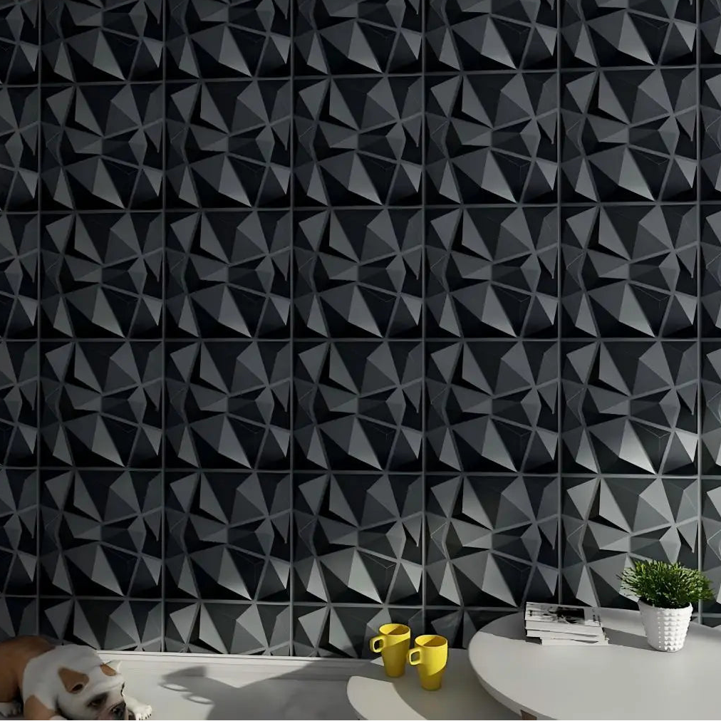 Geometric patterned wall tiles in a room with decor elements.